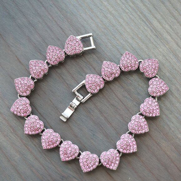 10.5mm 8inches Pink Heart Diamond Chain Pink Rhinestones Silver Plated Bracelet - Picture 3 of 3